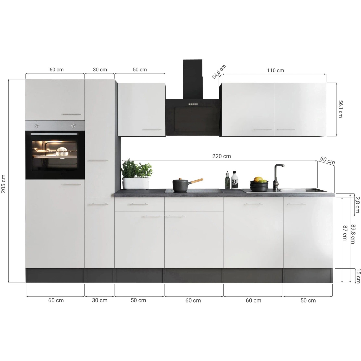 Respekta Küchenzeile Oliver 310 cm Weiß mit E-Geräten und Arbeitsplatte in Granit Optik.
