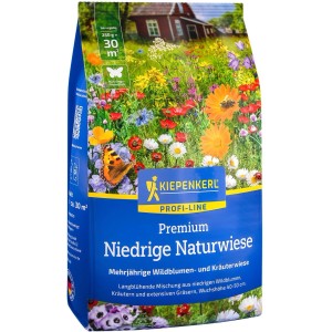 Kiepenkerl Rasensaat Profi-Line Premium Niedrige Naturwiese, 0,25 kg Packung mit Blumenwiesen-Motiv.