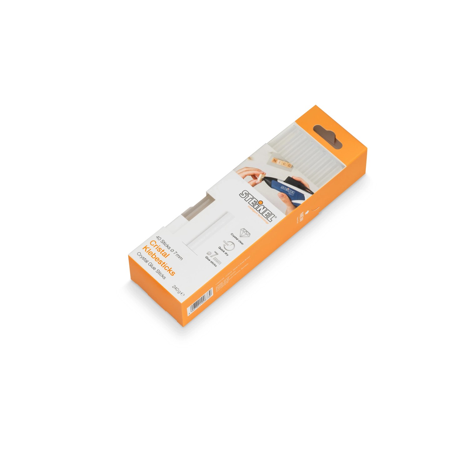 Steinel Heißklebesticks Cristal, 40 Stück, Ø 7 mm, in orangefarbener Verpackung.