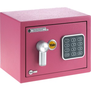 Pinker Yale Mini Tresor YYSV mit digitalem Tastenfeld und Schlüsselschloss.