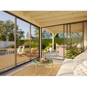 Palmako Pavillon Lenna Set, 588x300 cm, weiß lackiert. Weekendhaus mit Schiebetüren und Holzbalken.