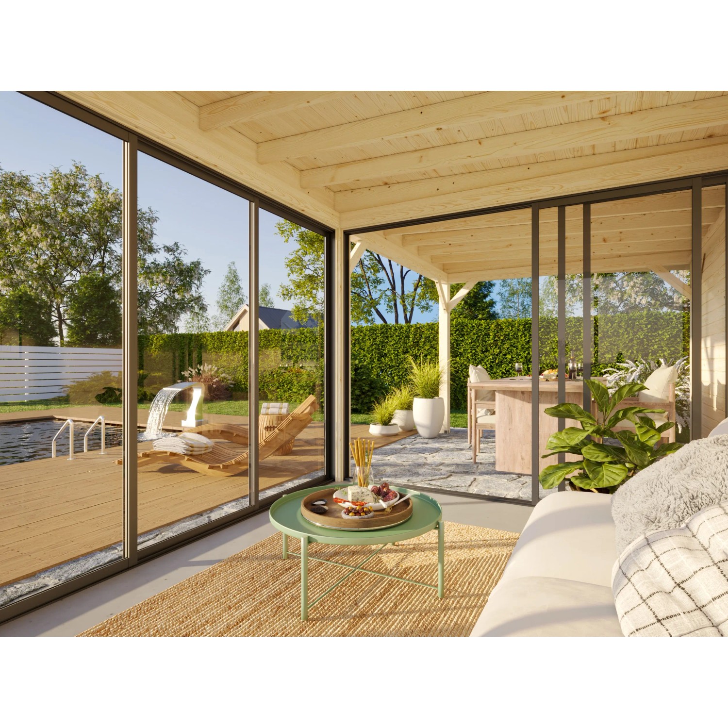 Palmako Pavillon Lenna Set, 588x300 cm, weiß lackiert. Weekendhaus mit Schiebetüren und Holzbalken.