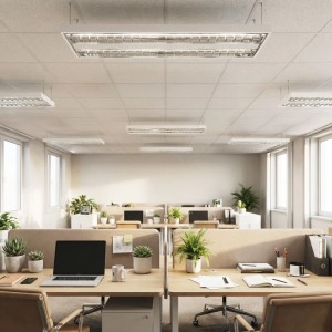 Büro mit Eglo LED-Raster-Deckenleuchte Martelliano, 124,5x31,2 cm, weiße blendfreie Arbeitsplatzbeleuchtung.
