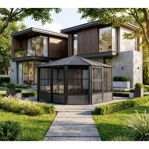 Sojag Pavillon Charleston 384x384 cm mit Stahl Dach und Moskitonetzen im Garten.