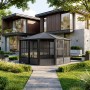 Sojag Pavillon Charleston 384x384 cm mit Stahl Dach und Moskitonetzen im Garten.