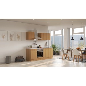 Flex-Well Classic Küchenzeile Nano 210 cm in Buche mit E-Geräten und Spüle.