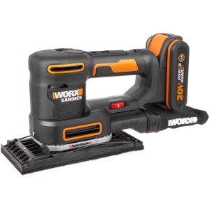Worx Akku-Multifunktionsschleifer WX820 mit Akku, Schleifplatte und Staubbeutel.