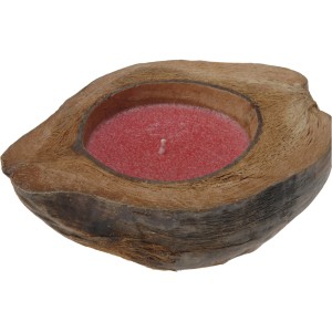 Duftkerze in Kokosnussschale, rote Kerze. Dekorative Kerze für ein gemütliches Ambiente.