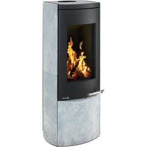 Wamsler Myra Kaminofen, Speckstein, Schwarz, 8 kW. Zeitbrandofen mit Specksteinverkleidung und gebogener Scheibe.