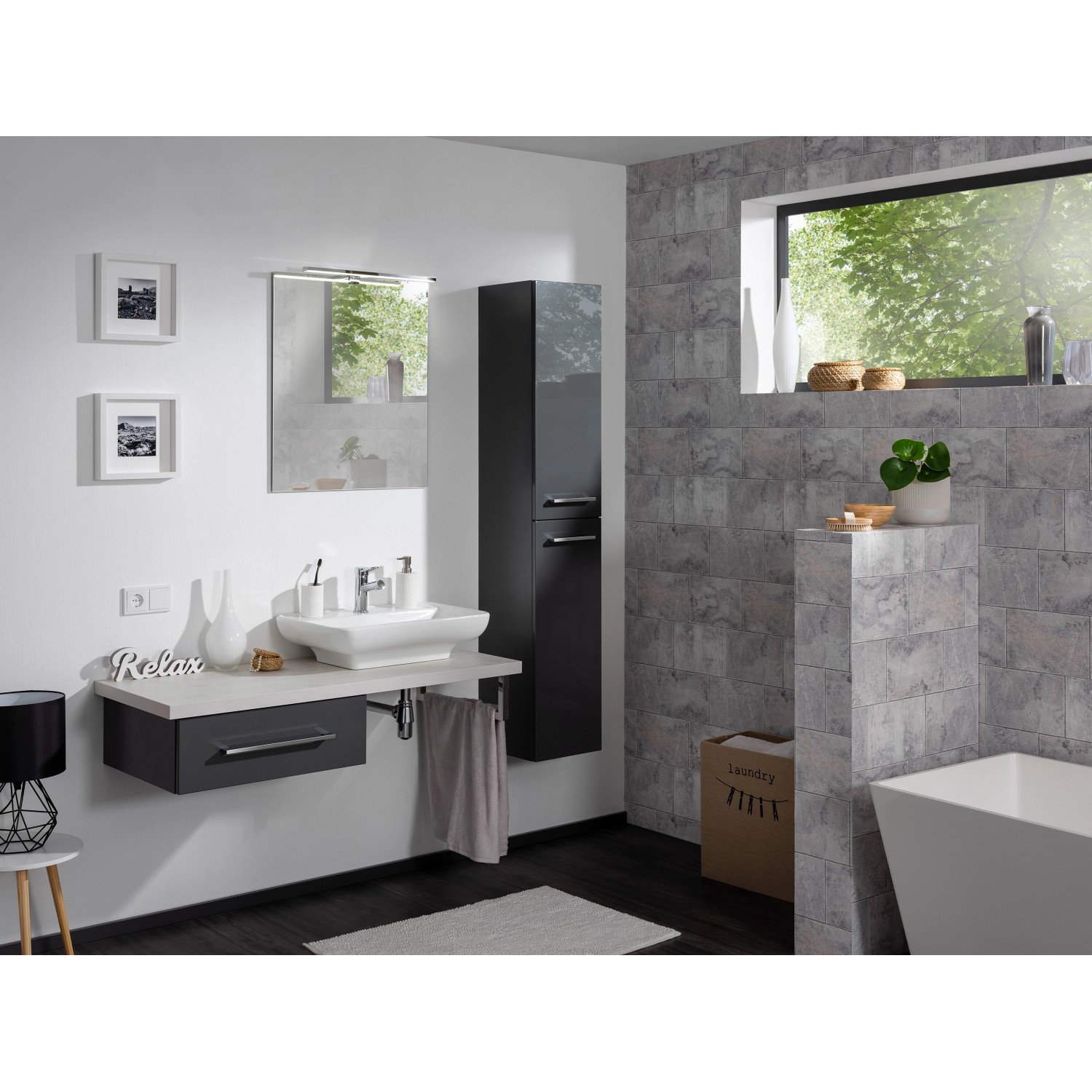 Fackelmann Waschbeckenunterschrank HYPE 3.0, anthrazit matt, 60 cm breit, mit Schublade im modernen Badezimmer.