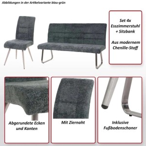 MCW Essgruppe: 4 Stühle, Sitzbank 180cm, Chenille Creme, Edelstahlgestell