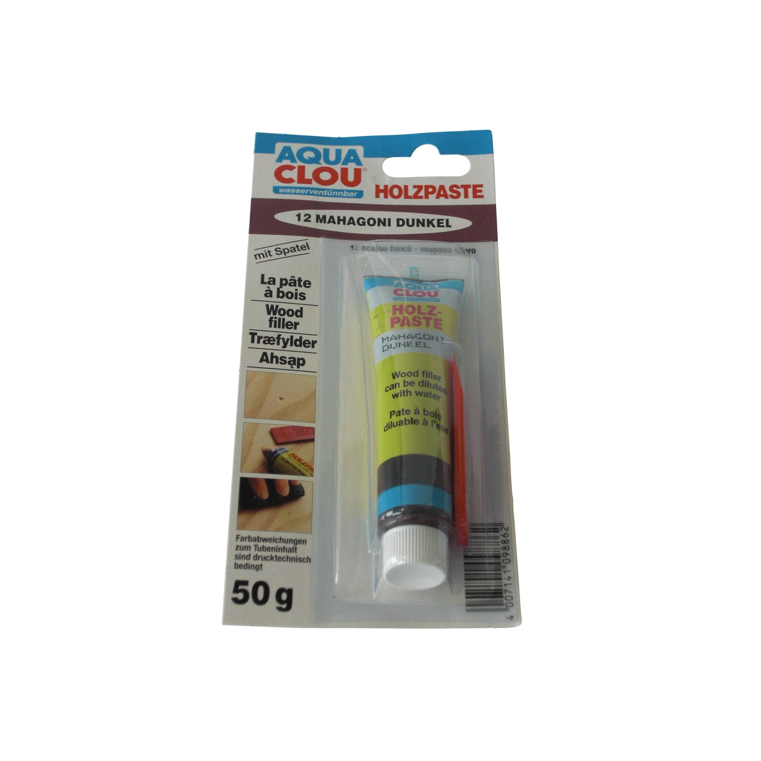 Clou Holzpaste Mahagoni Dunkel 50g, gebrauchsfertige Holzspachtelmasse für Reparaturen im Innenbereich.