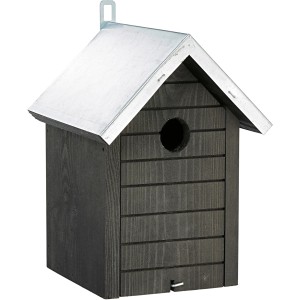 Schwarzer Vogelnistkasten aus Pinie mit Zinkdach. Nistkasten für Wildvögel.