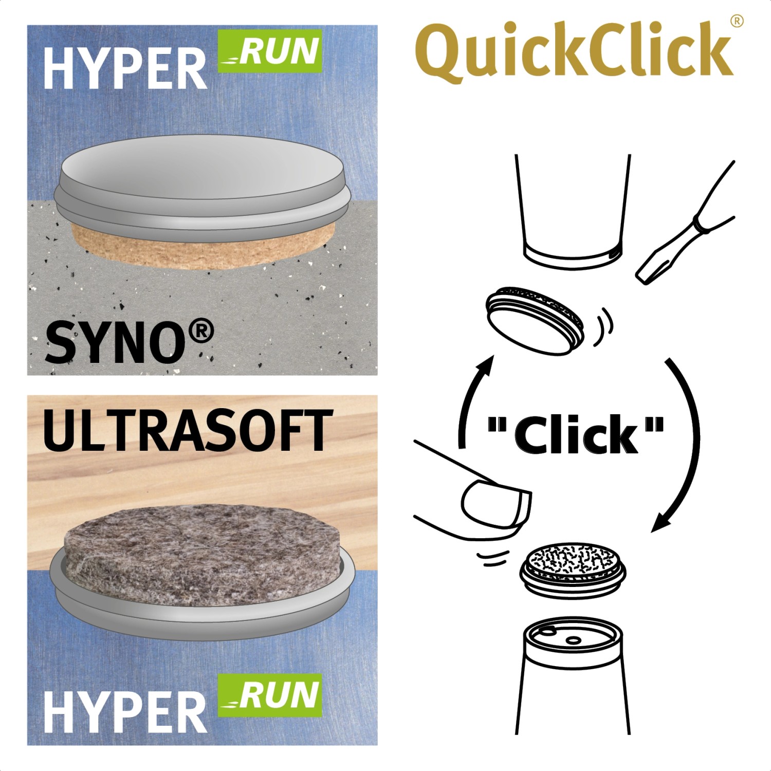 Wagner QuickClick Möbelgleiter 2in1, 12-teilig, Ø 30mm, schwarz-weiß, mit austauschbaren Gleiteinsätzen.