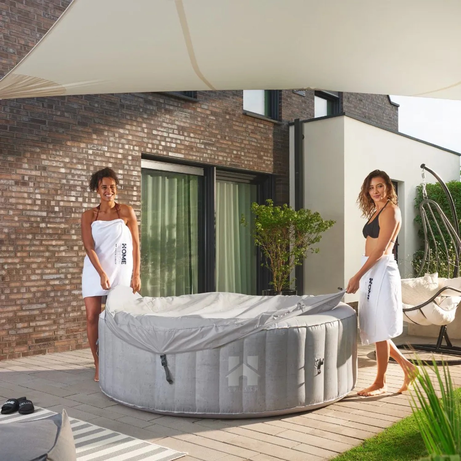 Home Deluxe Whirlpool Splash Beton Optik, runder aufblasbarer Pool mit Abdeckung und zwei Personen.