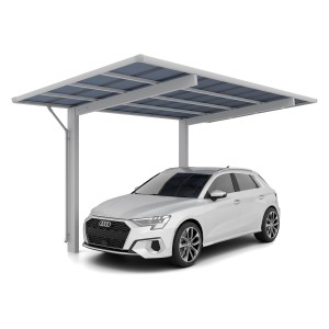 Silberner Ximax Einzelcarport Aluminium Wing mit Auto. Moderner Carport mit Polycarbonat-Dach.