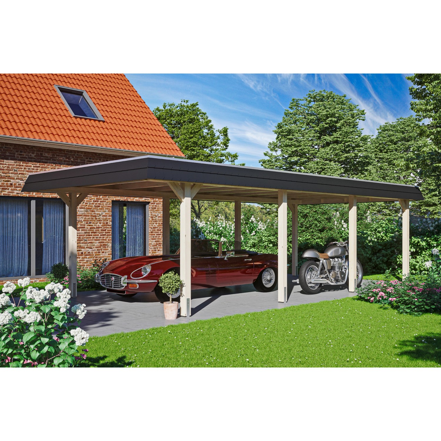 Skan Holz Carport Wendland Natur mit EPDM-Dach und schwarzer Blende, mit Auto und Motorrad