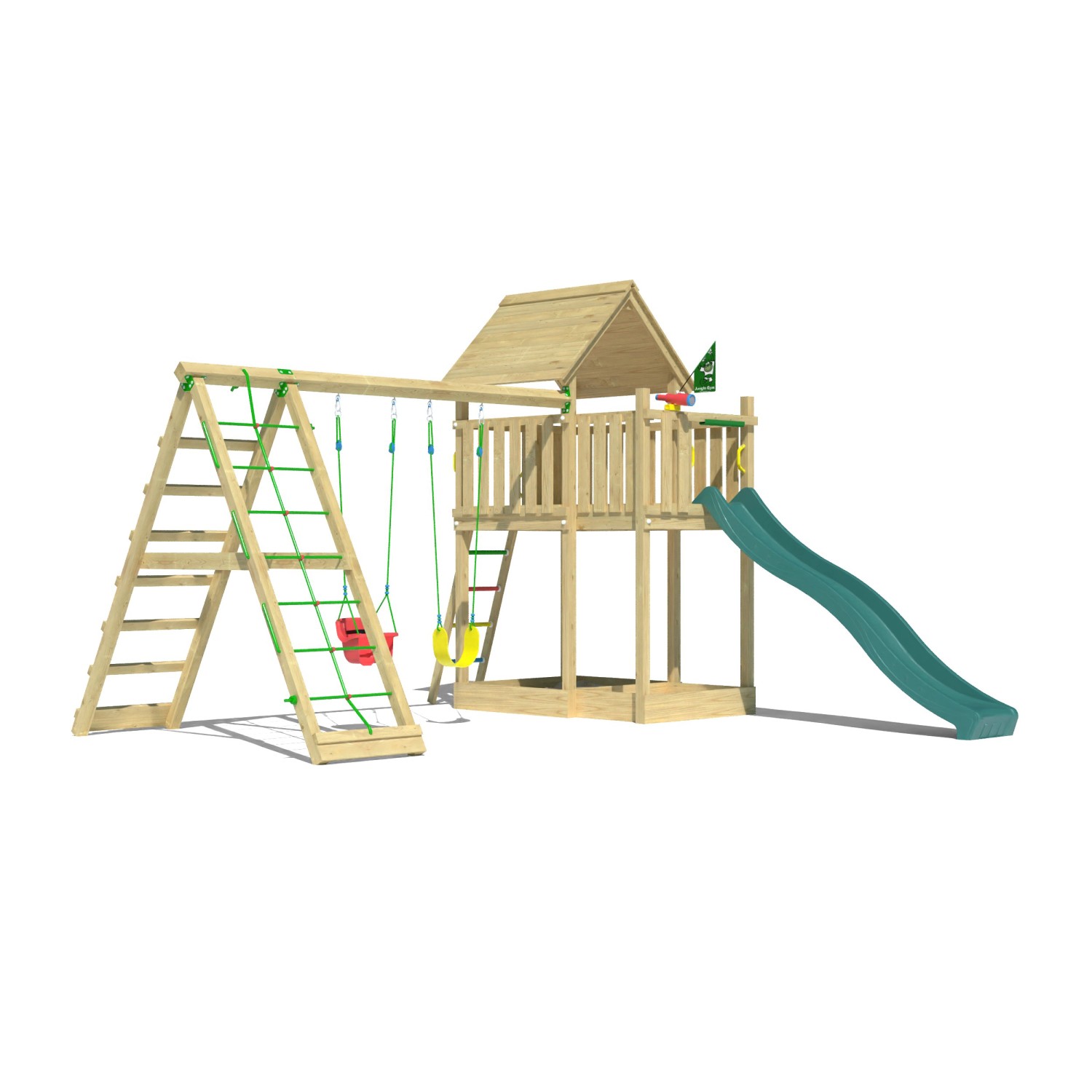 Jungle Gym Spielturm mit Doppelschaukel, Kletterbock und Rutsche in Dunkelgrün.
