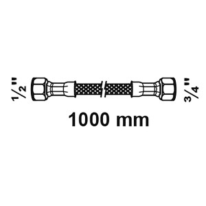 Abbildung eines flexiblen Kirchhoff Anschlussschlauchs, 1000 mm lang, mit 3/4" und 1/2" Anschlüssen.