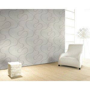 Colani Vliestapete Visions Welle Pearl-Beige im Raum, beige Wandtapete mit Wellenmuster.