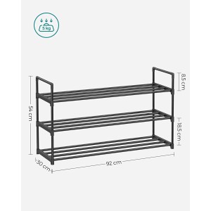 Schwarzes Songmics Metallregal mit 3 Ebenen, 30x92x54 cm, für Schuhe geeignet.