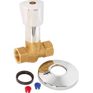 Unterputzventil (Rp 1/2) aus Messing verchromt mit Rosette, Dichtring und Markierungen.