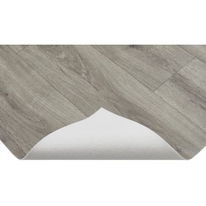 Grauer PVC-Bodenbelag in Dielenoptik, Meterware mit Textilrücken.