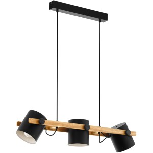 Eglo Hängeleuchte Hornwood, schwarz-braune Pendelleuchte mit drei Strahlern und Holzdetails.