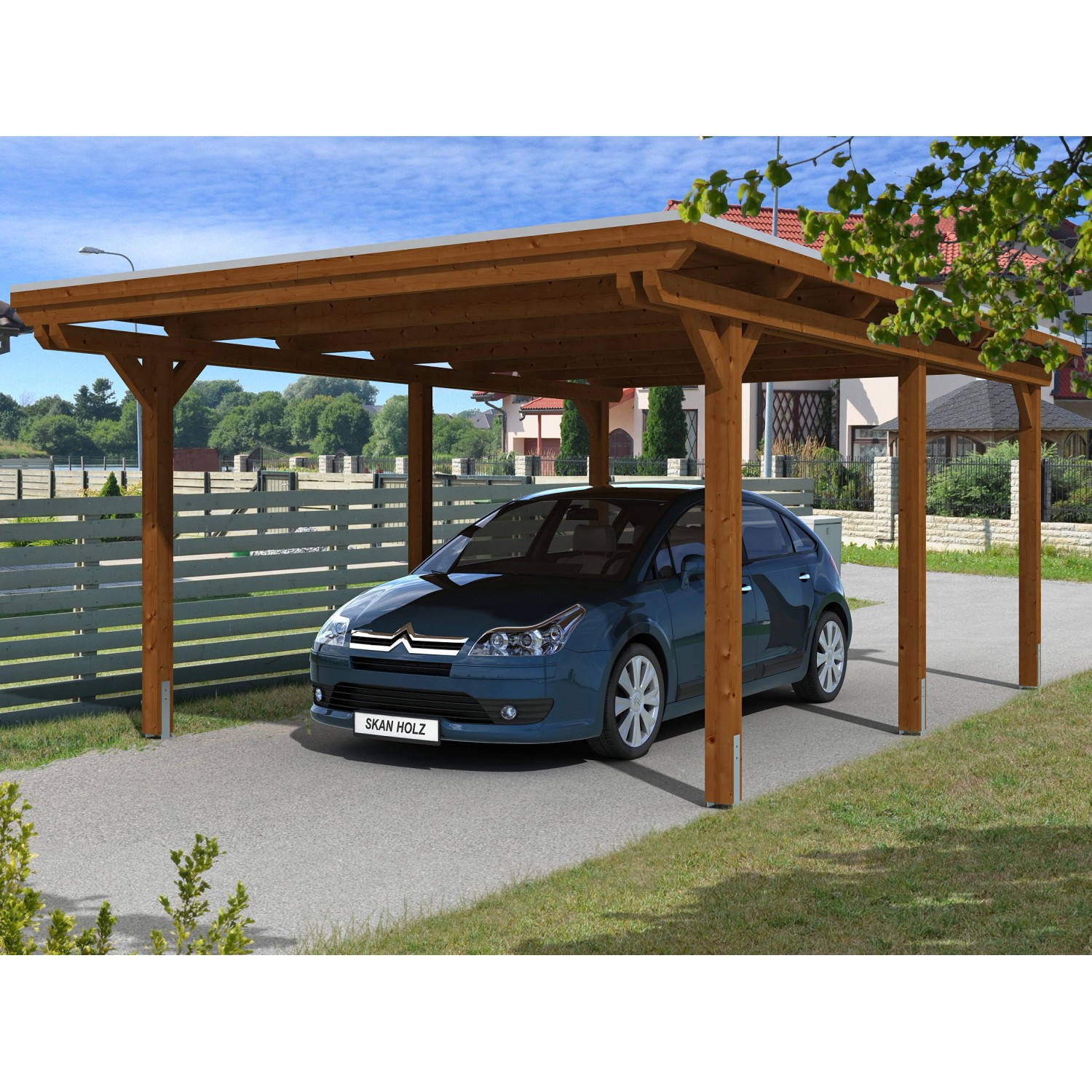 Skan Holz Carport Emsland Nussbaum, Einzelcarport mit EPDM Dachbahn und Auto.