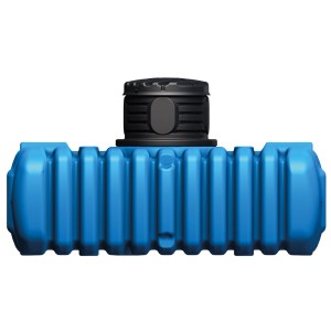 4rain Flachtank Flat S 1500 l mit Schachtverlängerung, blauer Erdtank mit schwarzem Deckel.