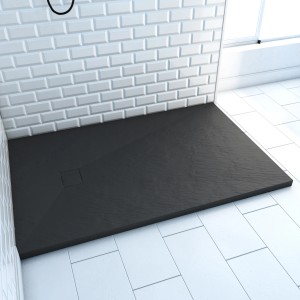 Aurlane Duschtasse Stone 140x90 in Anthrazit mit Steinoptik und Abdeckkappe für barrierefreies Duschen.