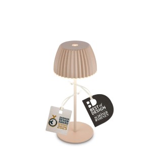 Beige Brilo Akku-Tischleuchte Riffle Mini mit geriffeltem Schirm, dimmbar. Preisgekrönte Design-Tischlampe für innen & außen.