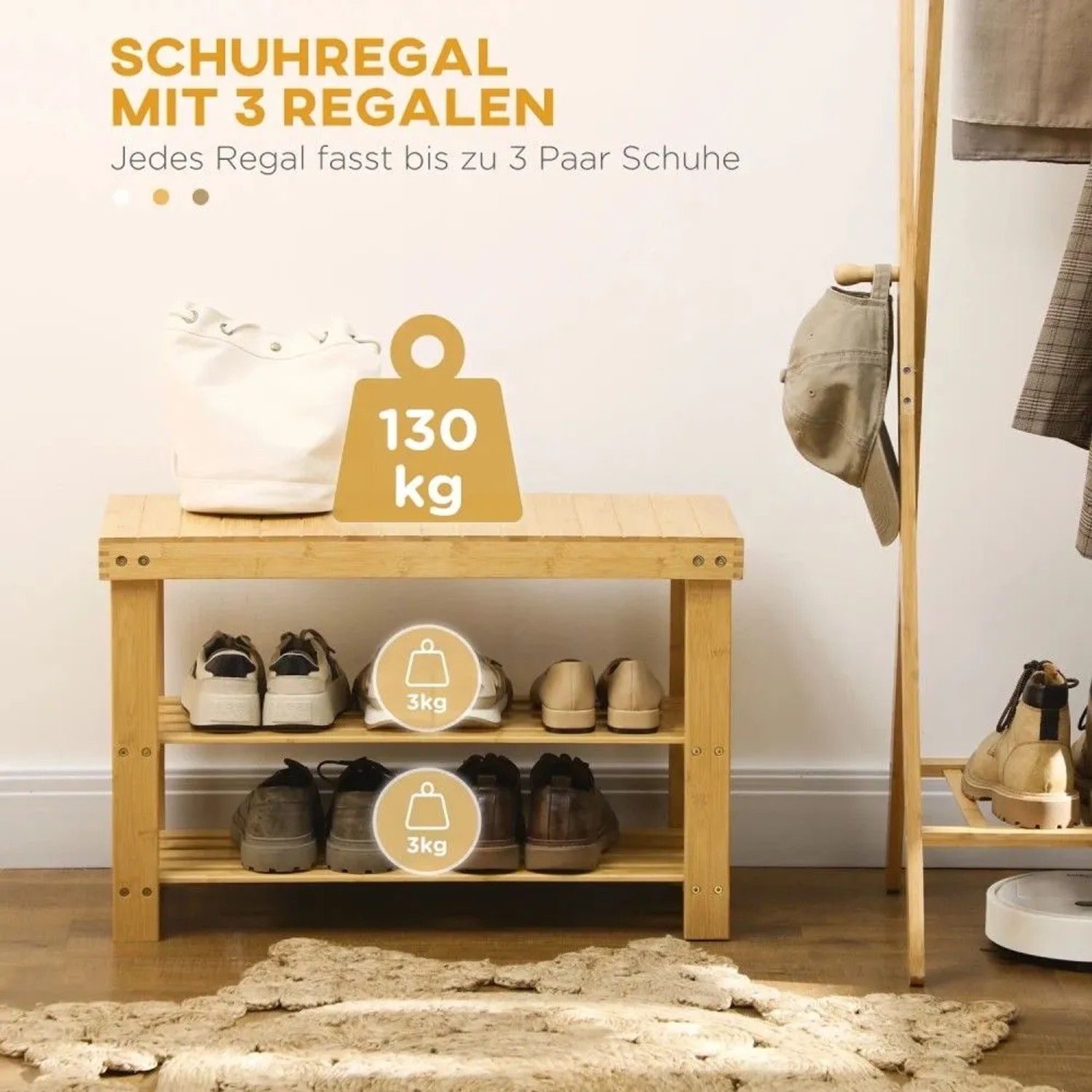 Naturfarbene Bambus Sitzbank mit 3 Regalen für Schuhe. Robuste Schuhbank für den Flur, mit Ablagefläche.