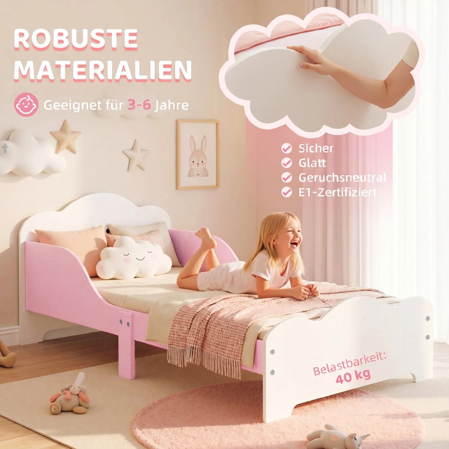 Rosa AIYAPLAY Kinderbett aus MDF mit Wolken-Kopfteil, Schutzleisten, niedrigem Design, für 3-6 Jahre, lachendes Kind.