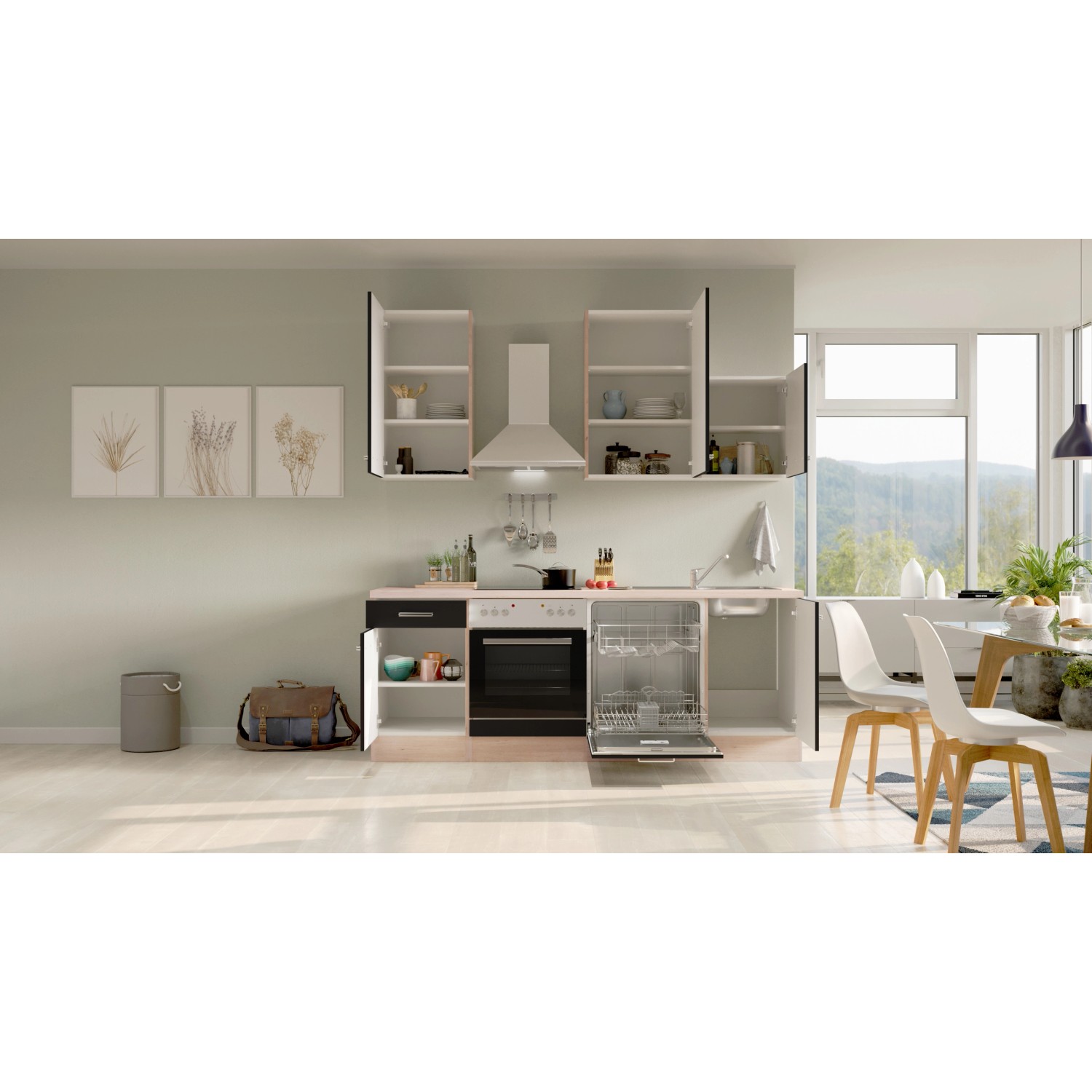 Flex-Well Küchenzeile Lara in Anthrazit und San Remo Eiche mit E-Geräten und Spüle.