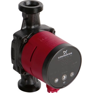 Grundfos Alpha2 25-60 180 Umwälzpumpe für Heizungsanlagen, mit rotem Gehäuse und digitalem Display.