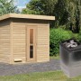 Karibu Saunahaus Arvi 3 Set mit Ofen (9 kW) aus naturbelassener, nordischer Fichte.