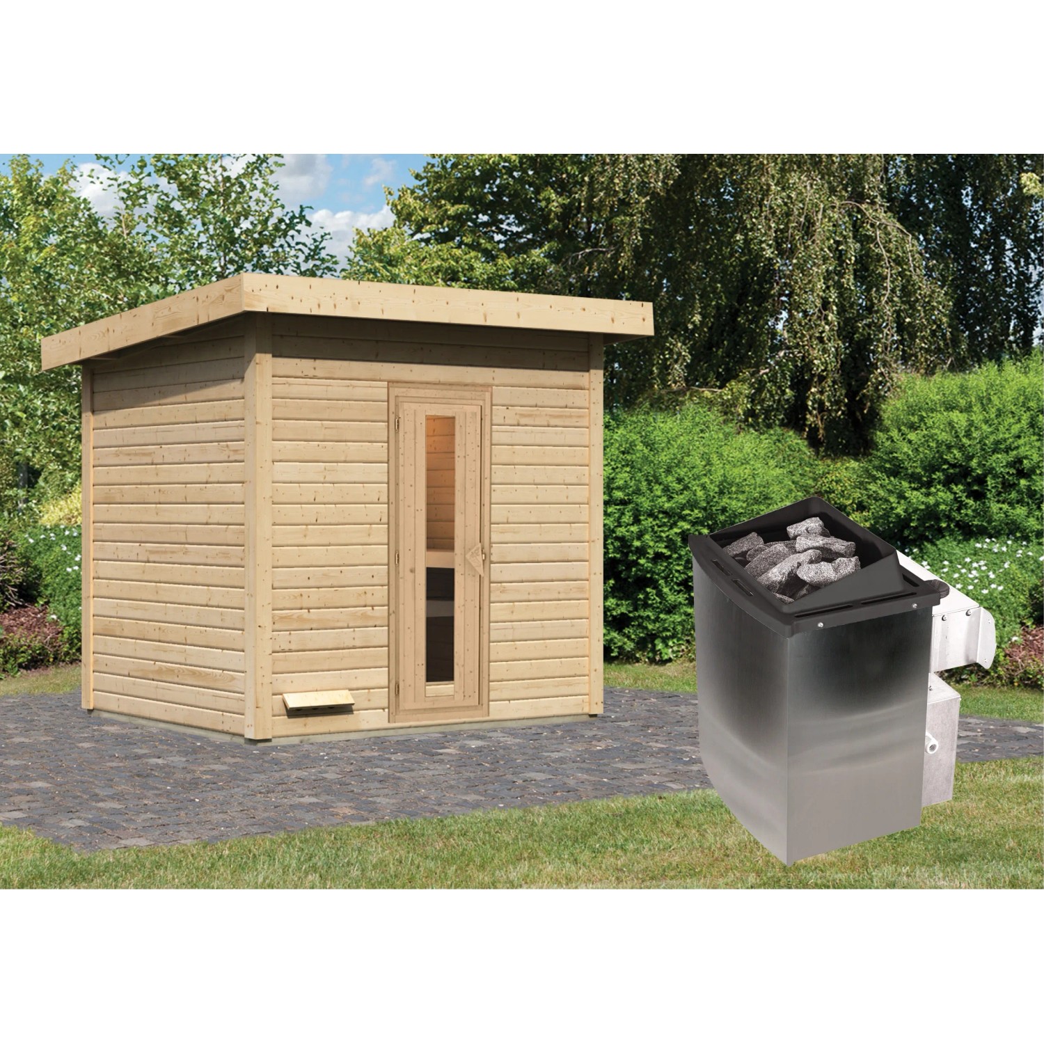 Karibu Saunahaus Arvi 3 Set mit Ofen (9 kW) aus naturbelassener, nordischer Fichte.