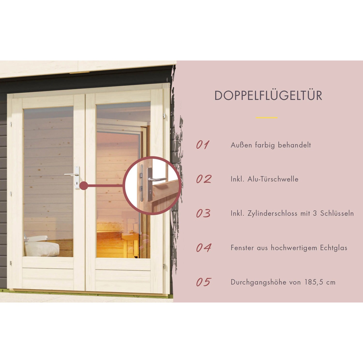 Detailaufnahme: Doppelflügeltür mit Glasfenstern des Karibu Saunahauses Magnus 5, terragrau.