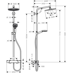 Hansgrohe Crometta Duschsystem mit Kopf- und Handbrause, Thermostat und Brausestange. Technische Zeichnung mit Maßen.