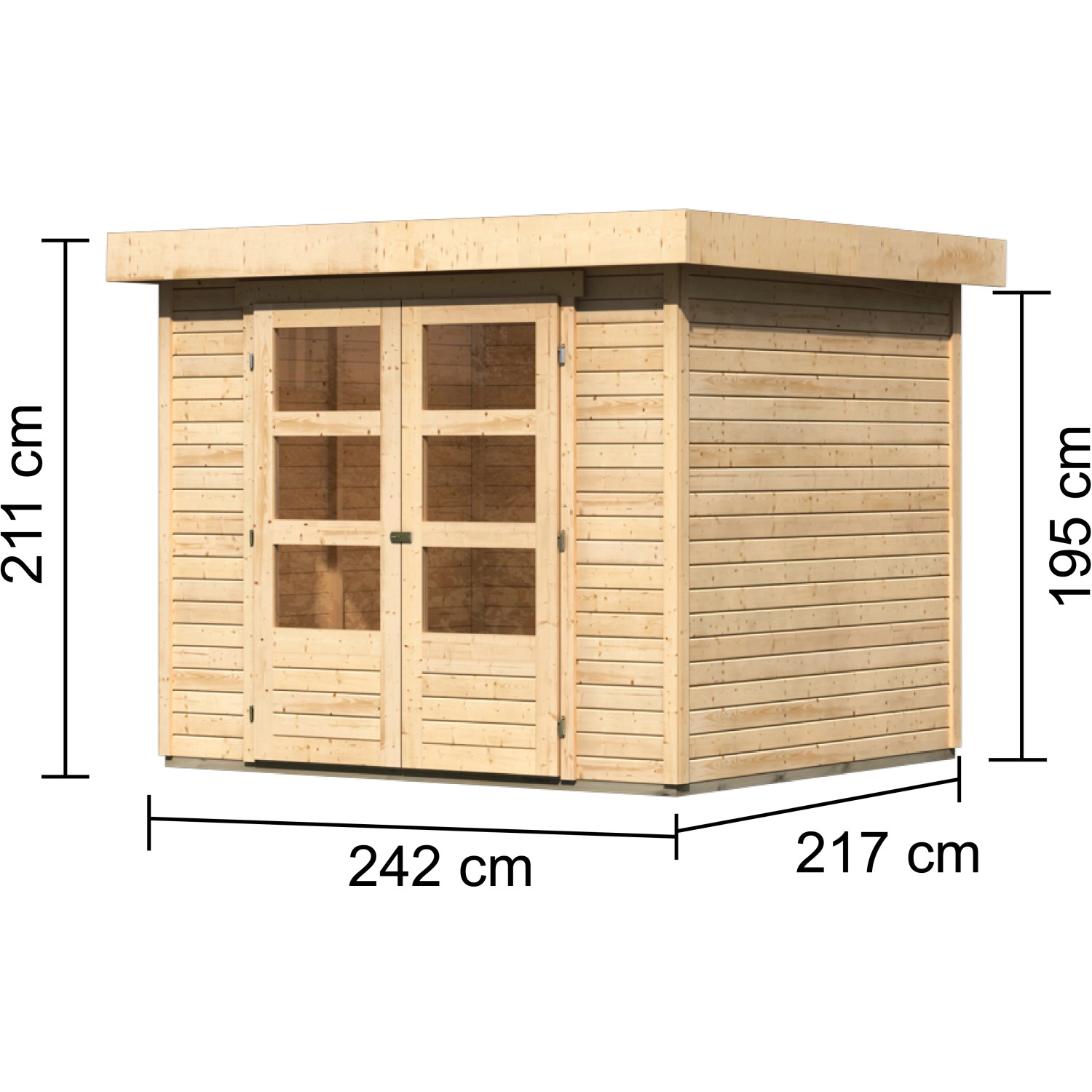 Karibu Express Gartenhaus Speedy B, naturbelassen, 242x217 cm, mit Doppeltür und Flachdach.