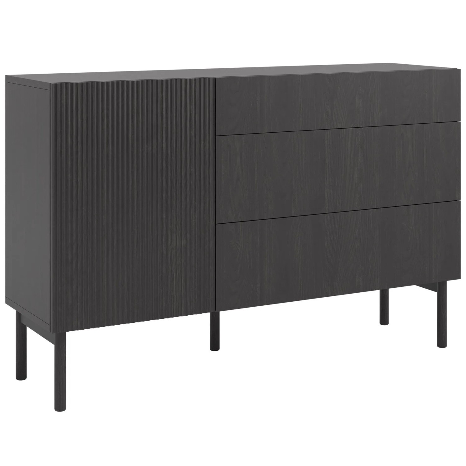 Selsey Nolie Sideboard, 140 cm, schwarz, mit geriffelter Tür und drei Schubladen, auf Holzbeinen.