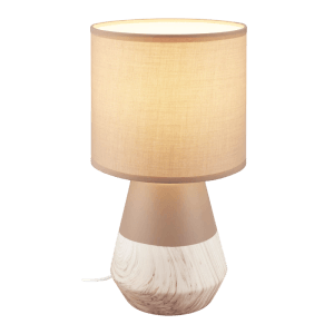 Beige Brilo Tischleuchte Linda mit Holzoptik und Stoffschirm, Ø 18 cm.