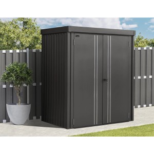 Floraworld Premium Geräteschrank mit Flachdach, metallic-grau, abschließbar, 153x185x98 cm.