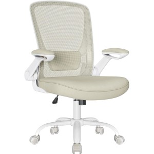 Songmics Bürostuhl mit Netz, haferflockenbeige, Drehstuhl mit klappbaren Armlehnen.