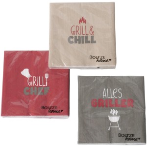 Boltze Servietten Grillzeit, 3-fach sortiert, 20 Stück mit Grillmotiven.
