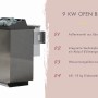 Karibu Fasssauna Quadro 1: Ofen Bio 9 kW, naturbelassen, mit Steinen und Edelstahl-Außenmantel.