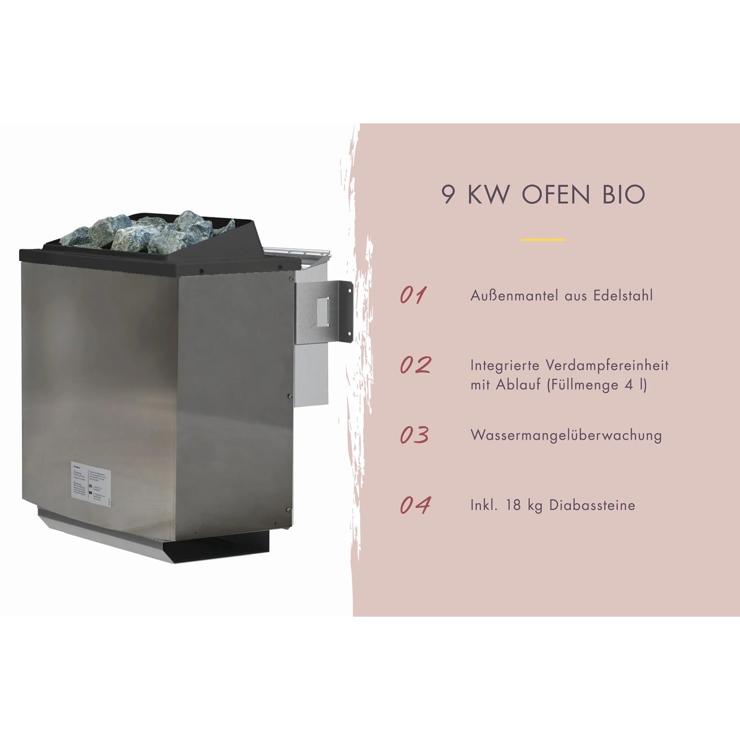 Karibu Fasssauna Quadro 1: Ofen Bio 9 kW, naturbelassen, mit Steinen und Edelstahl-Außenmantel.