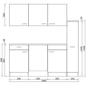 Respekta Küchenzeile KB180ESWMI in Weiß/Eiche Sägerau, Ansicht mit Maßen.