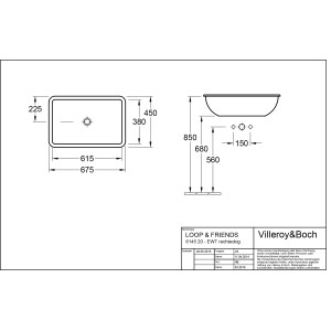 Technische Zeichnung: Villeroy & Boch Loop & Friends Einbauwaschbecken, 67,5 cm, Alpinweiß, mit Maßen.